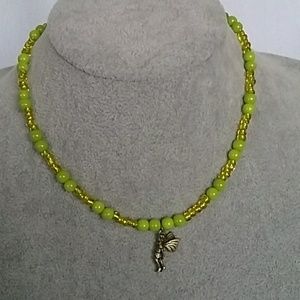 Girls fairy charm green beaded necklace